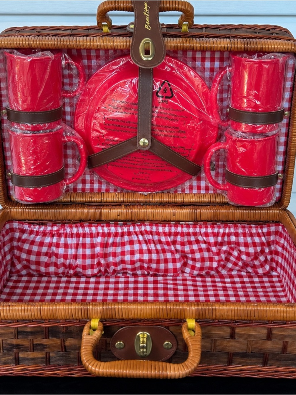 Vintage Wicker Picnic Basket Red Gingham Lined Double Handle Cottagecore
